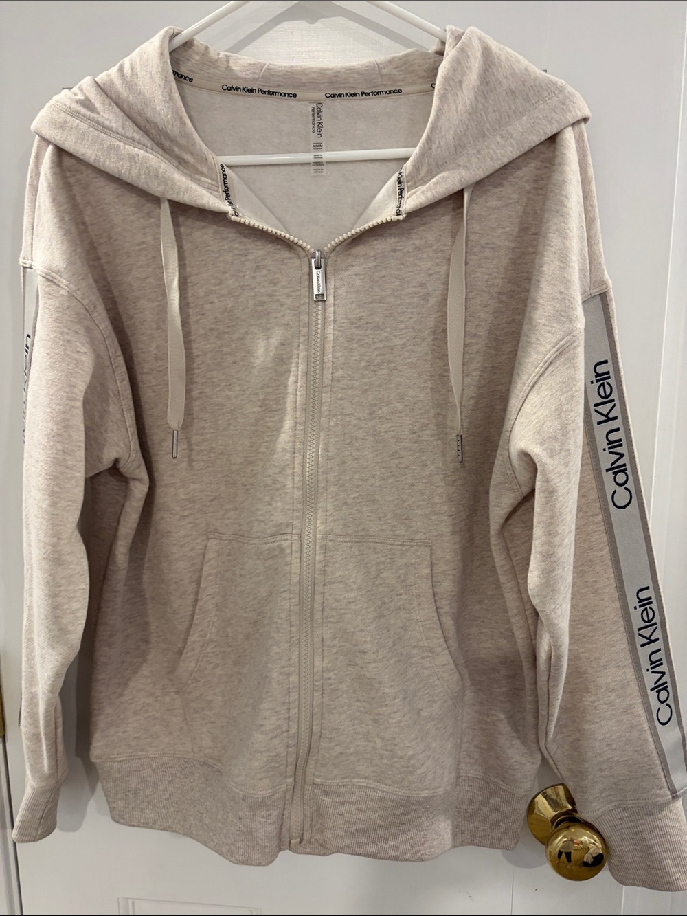 Calvin Klein Light Beige Zip Hoodie with Branded Sleeve Tape